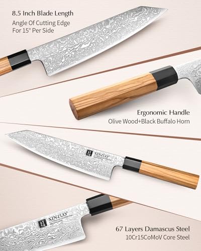 XINZUO Cuisine Acier Damas Couteau de Chef Kiritsuke - 21,5cm Gyuto Main-Forgé - Poignée Bois d'Olivier & Corne Buffle N