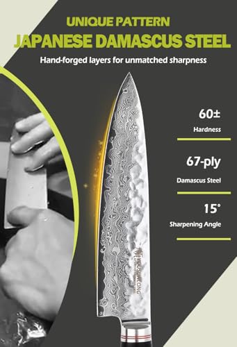 YOUSUNLONG Couteaux de chef Gyuto 8 pouces acier damas martelé manche en bois naturel couteau professionnel pour cuisine