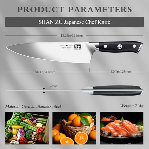 Couteau de Chef SHAN ZU 20cm - Professionnel Lame Ultra-fine en Acier Inoxydable Allemand Poignée Bois Antidérapante  
C