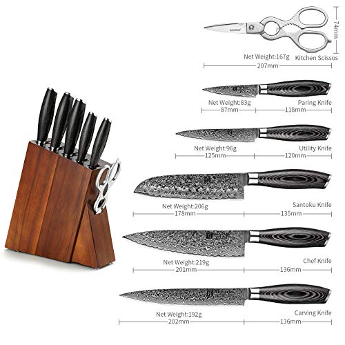 XINZUO Ensemble Couteaux 7 Pièces Acier Damas - Couteaux Chef Multifonctionnels Poignée Pakkawood, Ciseaux Cuisine Unive