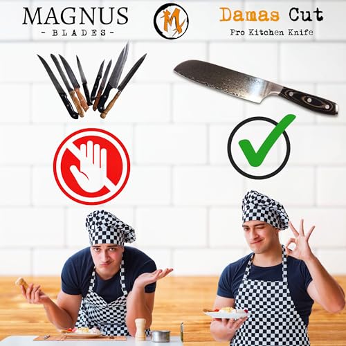 Couteau de chef Damas Cut Santoku Véritable Lame Damas 18 cm Ultra Tranchante Manche Bois Recyclé Soie Pleine Très Confo