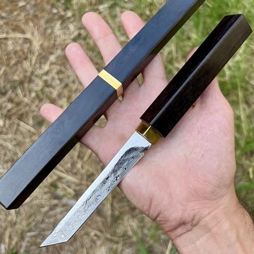 Couteau en Acier Damas Tanto Style Japonais Étui Intégral en Bois d'Ébène Édc Tranchant Original Cadeau Homme Camping Ra